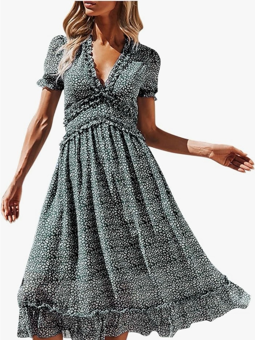 Delicate Ruffle V-Neck, Waist, and Hem Detail Green Floral Midi Dress